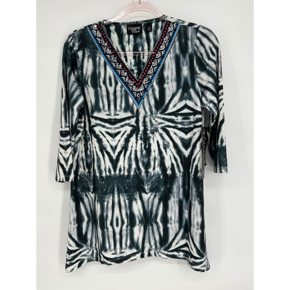 Onque Casual Dress Tie Dye Embroidered V Neck‎ Stretch Tunic Top Size S